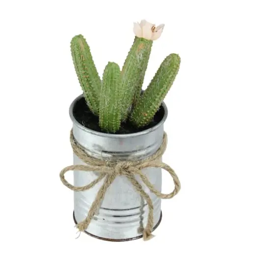 7" Tropical Green Mini Faux Columnar Cactus in Silver Planter {3}