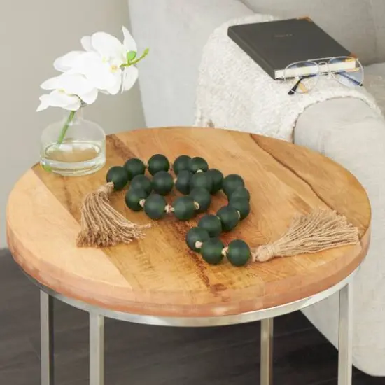 45" Handmade Round Frosted Glass Bead Garland with Tassels & Knotted Jute Dark Green {3}