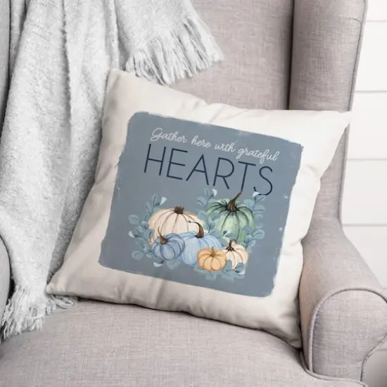 Gather Hearts Blue Mood Pumpkins Throw Pillow {3}