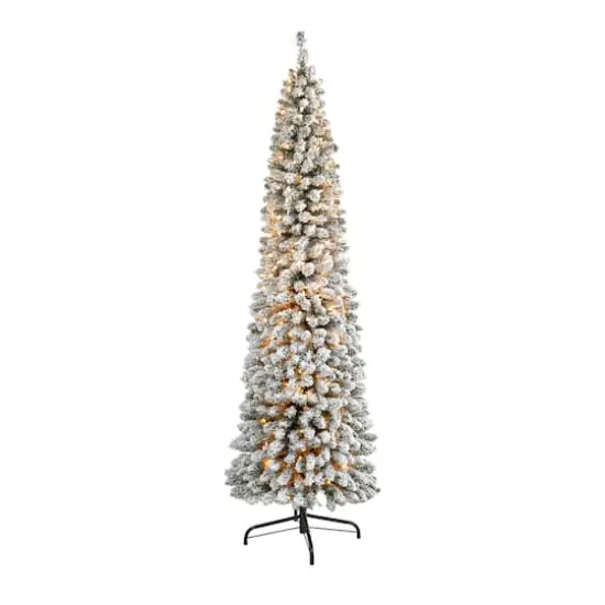 7ft. Pre-Lit Flocked Pencil Artificial Christmas Tree with Clear LED Lights {1}