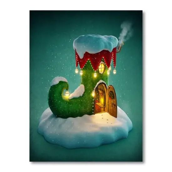 Designart 20" Elf Shoe House On Snow Christmas Island Canvas Art Print {1}