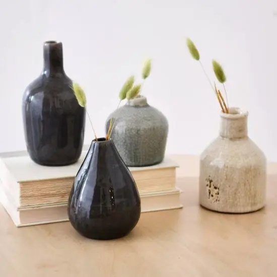 Hello Honey&reg; Stoneware Crackle Glaze Bud Vase Set Gray Tone {3}