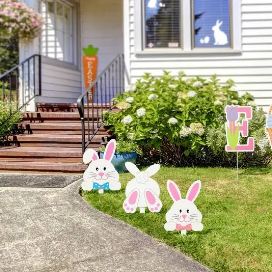 Glitzhome&reg; 15" Set of 3 Easter Wooden Bunny Pick or Yard Stake {3}