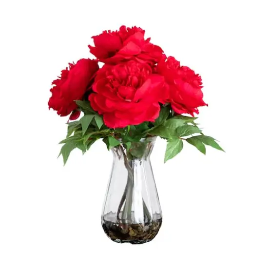 16" Red Peony Arrangement in Glass Vase {1}