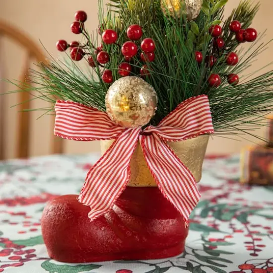 Glitzhome&reg; 14" Christmas Red Boot with Pine Needle & Berry Centerpiece {5}