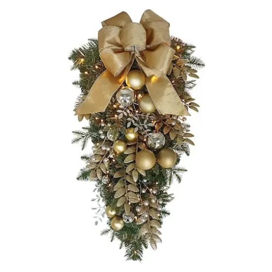 28" Battery-Operated Pre-Lit Decorated Artificial Swag with Gold Bow {1}