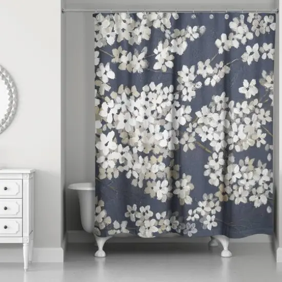 White Blossoms on Navy Shower Curtain {1}