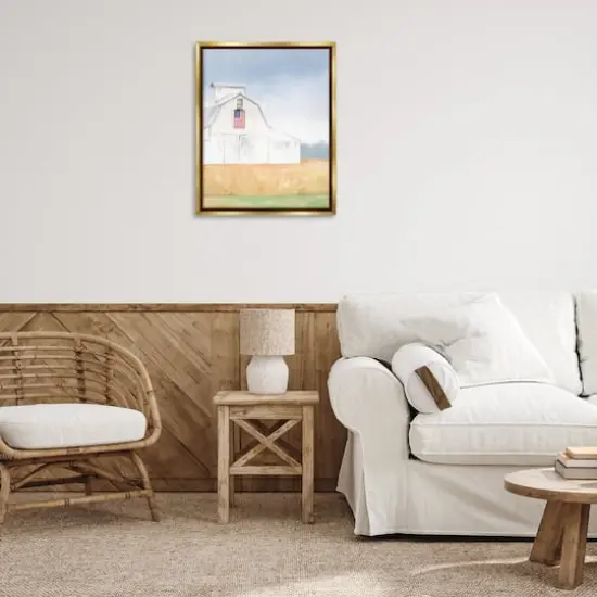 Stupell Industries American Flag White Country Barn Rural Scenery Floater Framed Art Gold {3}