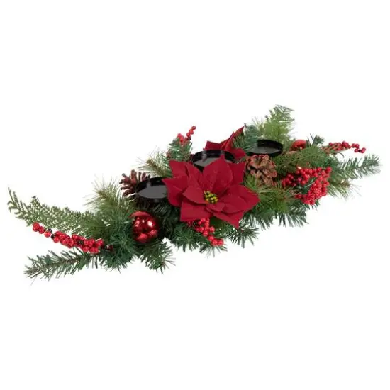 32" Artificial Mixed Pine Berries & Poinsettia Christmas Candle Holder Centerpiece {5}