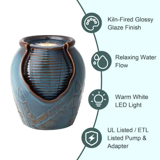 Glitzhome&reg; 9.25" LED Turquoise Leaf Textured Ceramic Jar Tabletop Fountain {4}