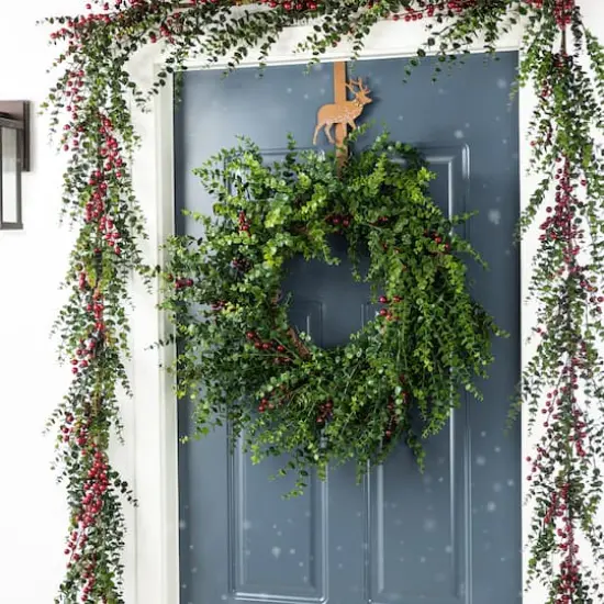 Glitzhome&reg; 9ft Christmas Greenery Eucalyptus Garland with Red Berries {5}