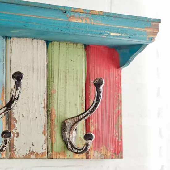 Multi Color Wood Coastal Wall Hooks with Shelf, 9" x 35" x 5" {5}