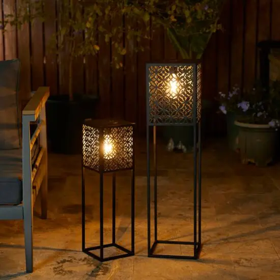 Glitzhome&reg; Black Metal Cutout Pattern Solar Powered Outdoor Floor Lanterns Set {8}