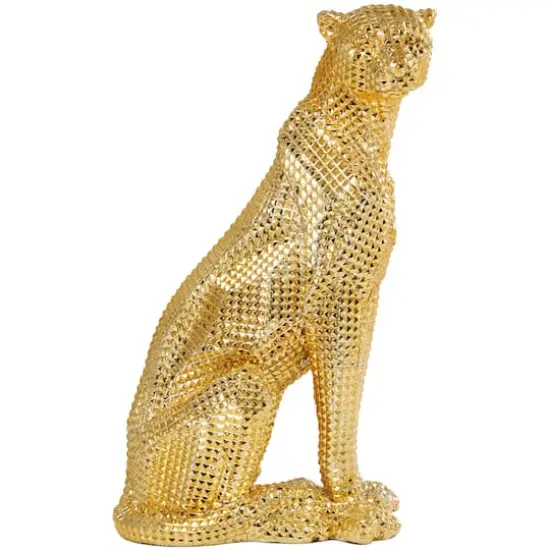 20.75" Golden Sitting Leopard Floor Sculpture with Diamond Faceted Texture {8}