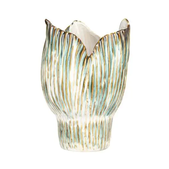 Hello Honey&reg; 12" Green & White Pleated Sculptural Stoneware Vase with Reactive Glaze {8}