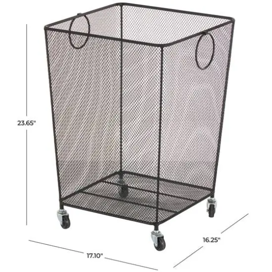 24" Black Metal Square Mesh Wire Rolling Laundry Storage Cart with Ring Handles {8}
