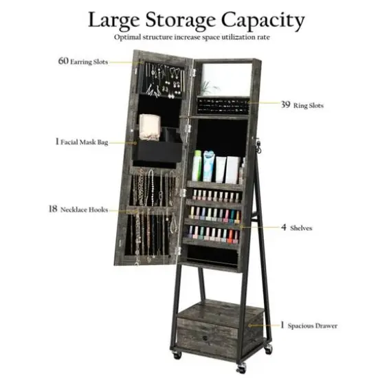 NEX&trade; 5ft. Dark Gray Jewelry Armoire on Casters with Chest Drawer {5}