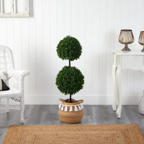3.5ft. Boxwood Double Ball Artificial Topiary Tree in Boho Chic Handmade Natural Cotton Woven Planter with Tassels UV Resistant (Indoor/Outdoor) {4}