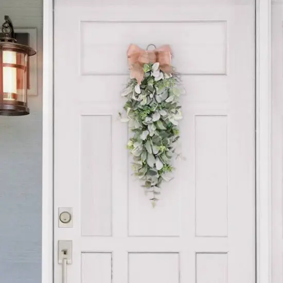 30" Lamb's Ear & Greenery Teardrop Swag with Bow {4}