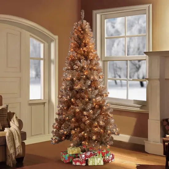 6.5ft. Pre-Lit Tinsel Artificial Christmas Tree, Clear LED Lights {3}