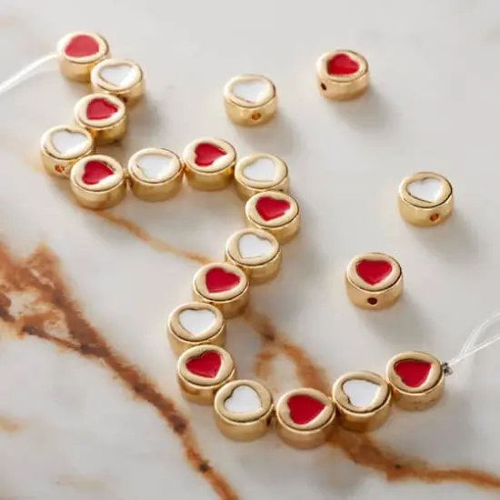 Red & White Enamel Metal Round Heart Beads, 8mm by Bead Landing&trade; {3}