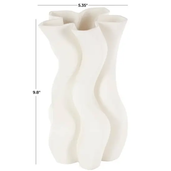 White Ceramic Abstract Ribbed Dimensional Wavy Vase with Floral Shaped Rim {8}