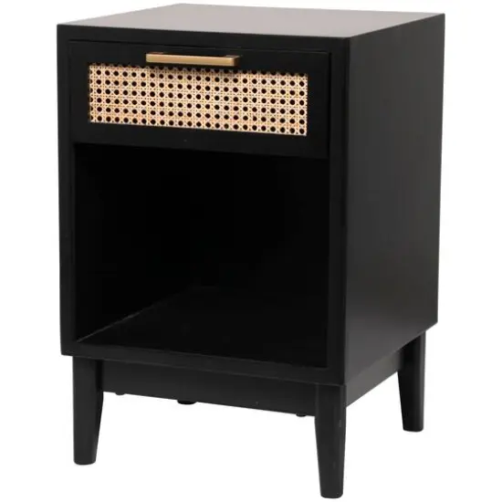 Wood Accent Table with Cane Front Drawer & Gold Handle Black {1}