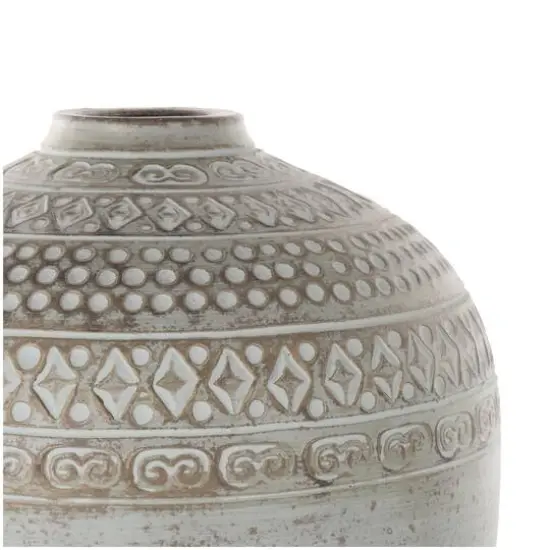 15.25" Green Ceramic Handmade Antique Style Decorative Vase with Geometric Tribal Carvings {7}