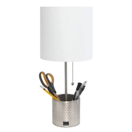 Simple Designs 18.5" Hammered Metal Container Base Table Lamp with USB Charging Port White/Brushed Nickel {8}