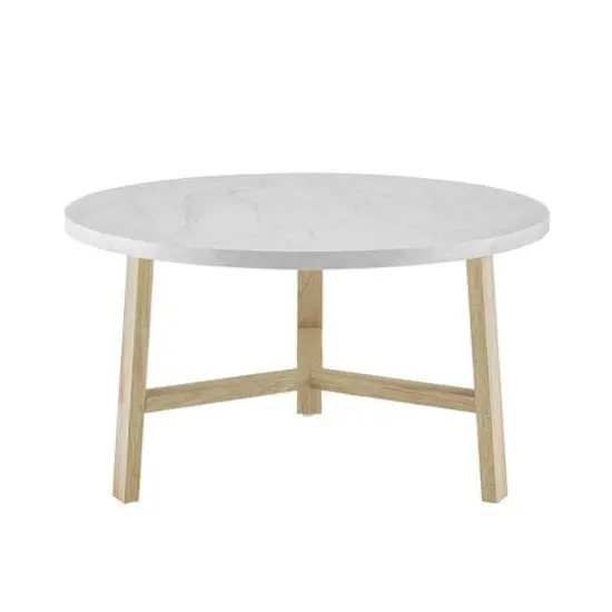 Faux White Marble & Light Oak Mid Century Modern Round Coffee Table {3}
