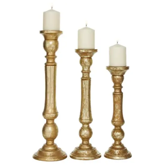 Gold Mango Wood Traditional Candle Holder Set {1}