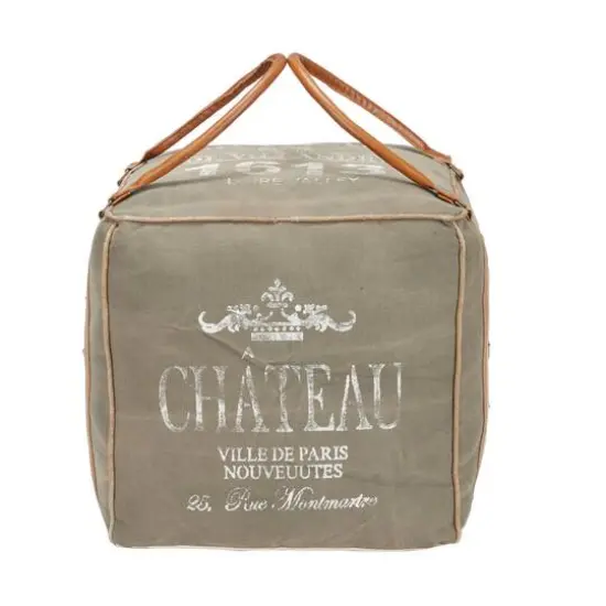 Gray Fabric and Leather Rustic Pouf, 17" x 21" x 21" {5}