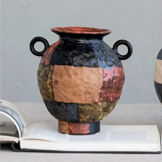 Hello Honey&reg; 8.5" Multicolor Textured Stoneware Vase with Handles & Reactive Glaze {3}