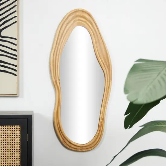 41" Brown Wood Abstract Wavy Wall Mirror with Dimensional Carved Frame {3}