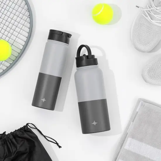 JoyJolt® 22oz. Triple Insulated Water Bottle with Flip Lid & Sport Straw Lid Gray and Black {4}