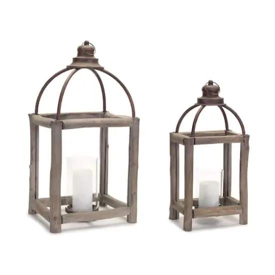 Natural and Copper Wood, Metal & Glass Lantern Set, 20.5'' & 26'' {1}