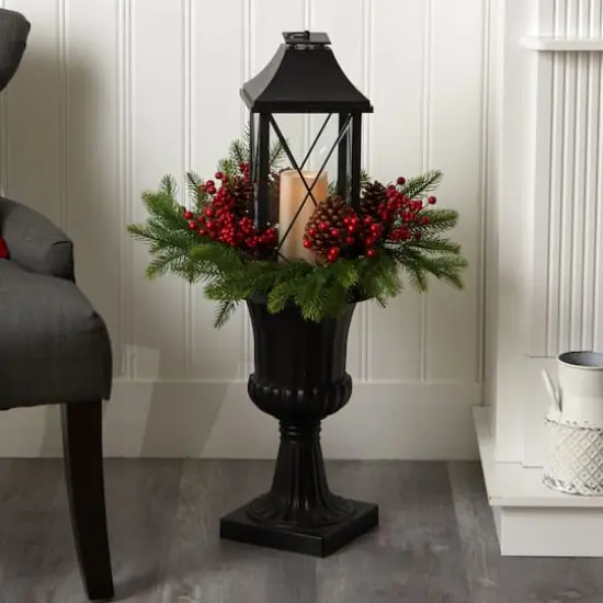 33" Greenery, Berries & Pinecones in Decorative Urn with Large Lantern and LED Candle Artificial Christmas Décor {3}