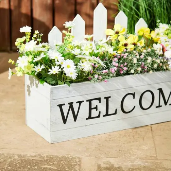 Glitzhome&reg; White Wood WELCOME Fence-Inspired Planter Stand Set {8}