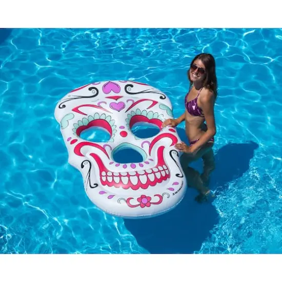 Swimline 5ft. Inflatable White & Pink Sugar Skull Swimming Pool Float {3}