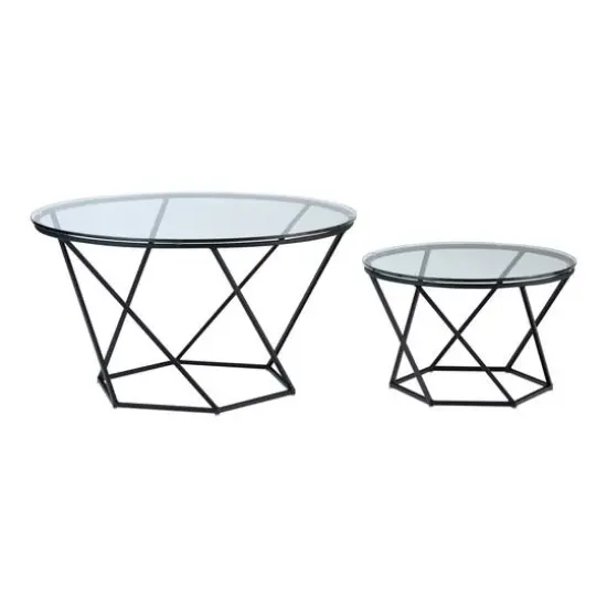 Walker Edison Black Geometric Glass Nesting Tables Set {3}