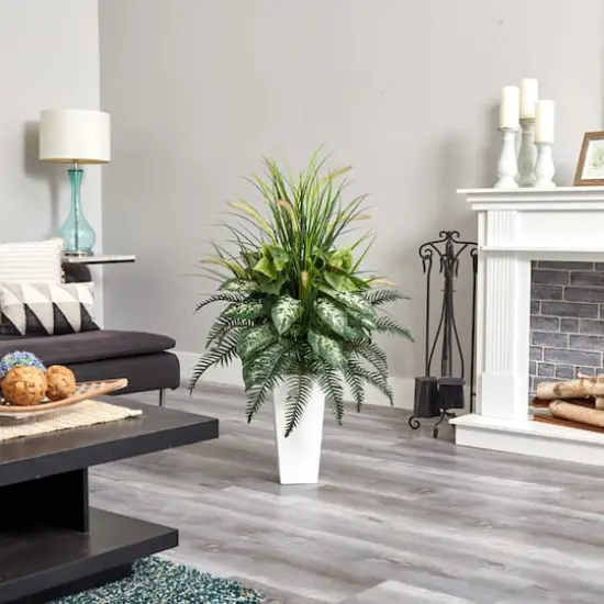 4ft. Mixed River Fern & Dogtail In White Tower Planter {6}