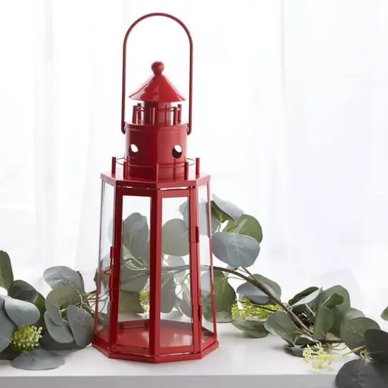 13.5" Red Lighthouse Hanging Candle Lantern {4}