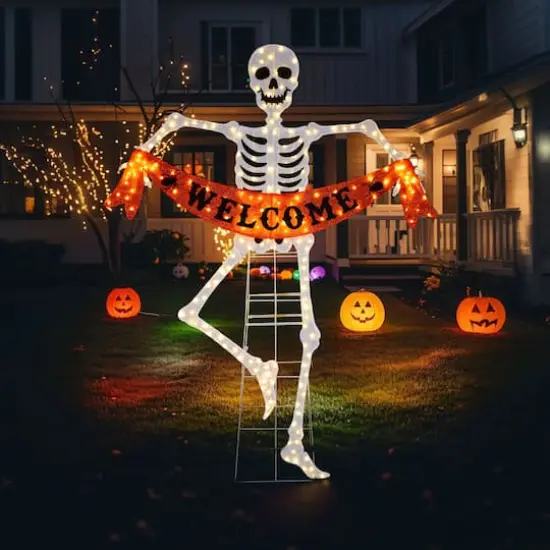 Glitzhome&reg; 86.25"H Lighted Halloween 2.5D Skeleton Outdoor Decor {3}