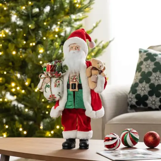 Glitzhome® 18"H Faux Fur Christmas Traditional Santa Figurine with Porcelain Face {3}