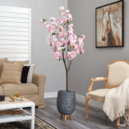 6ft. Cherry Blossom Artificial Tree in Gray Planter with Stand {5}