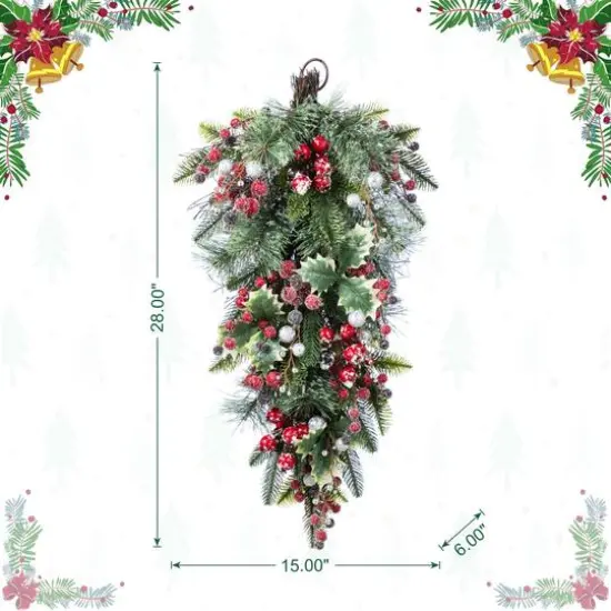 Glitzhome&reg; 28"H Christmas Red Pomegranate Berry & Holy Leaf Teardrop {9}
