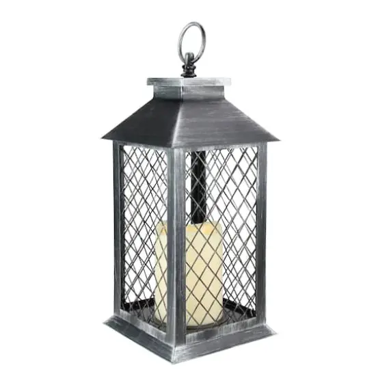 11" Silver Brushed Black Mesh Lantern with Flameless LED Candle {3}