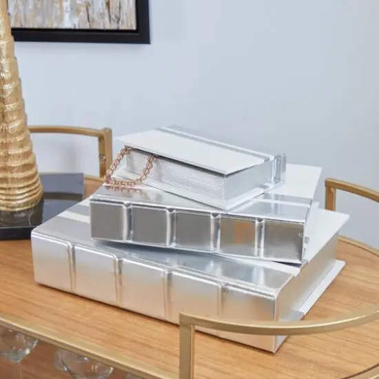 CosmoLiving by Cosmopolitan Silver Faux Leather Faux Book Box with Metallic Finish Set {8}