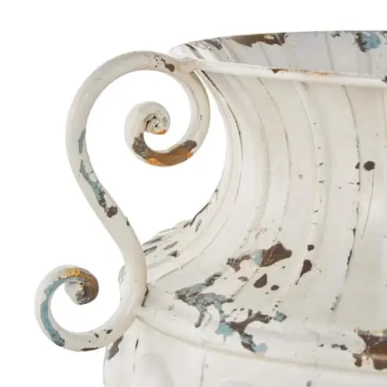 10" Distressed Cream Metal Vintage Amphora Vase {4}
