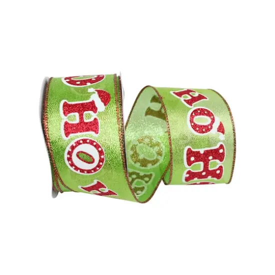 JAM Paper 2.5" x 10yd. Lime & Red Ho-Ho-Ho Glitter Metallic Wired Ribbon {1}